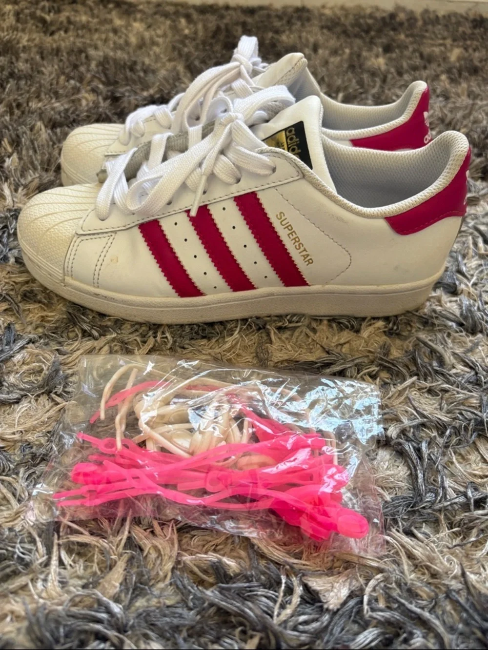 Adidas Superstar White Sneakers with Pink Stripes Fit Women’s 6